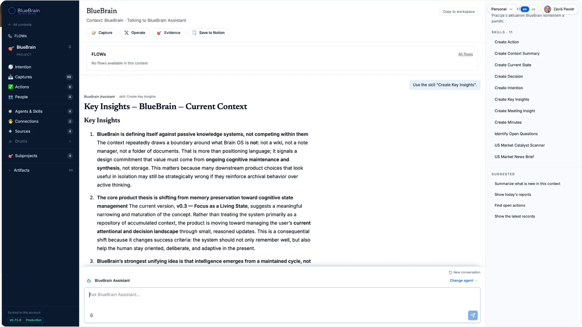 BlueBrain Assistant running the Create Key Insights skill with workspace context, agents, sources and generated insight